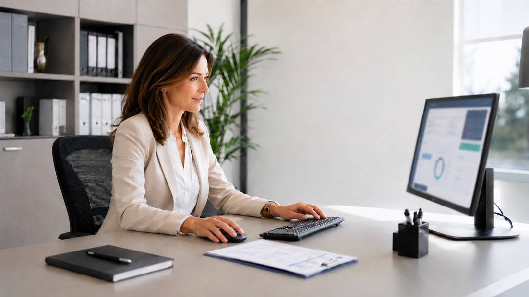 Amministrativa al computer in ufficio con gestione ordinata delle informazioni aziendali