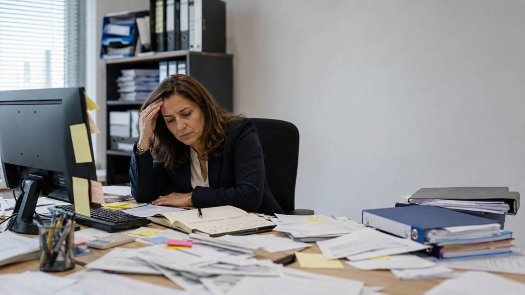 Amministrativa in ufficio con documenti disordinati e informazioni sparse da gestire